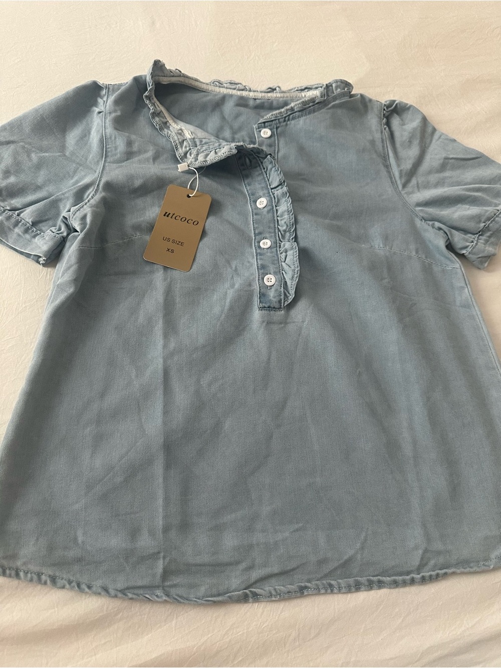 Women’s Light Blue Ruffle-Trim Button Down Top